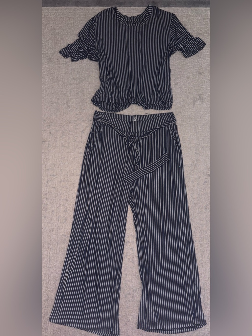 New York & Company Navy and White Striped Wide-Leg Petite Pants with Tie Waist